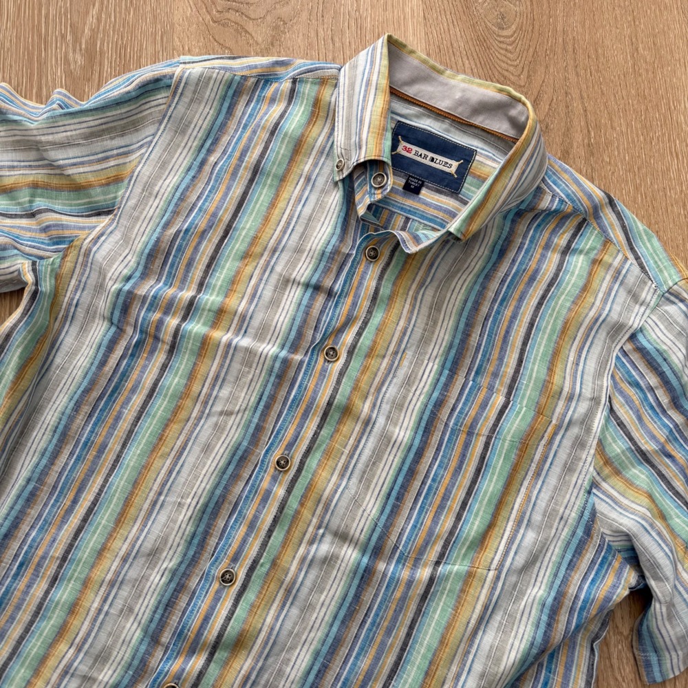 32 Bar Blues Linen Short Sleeve Button Down Men Size M Multi Color Striped Shirt